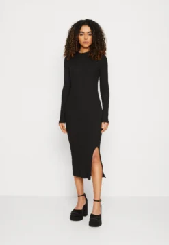 Even&Odd Circ Long Sleeves Midi High Slit Dress - Abito In Maglia - Black